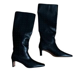 Aqua Black Tall Heris Studded Pointed Toe Boots 2" Heel Size 8.5 Punk Goth